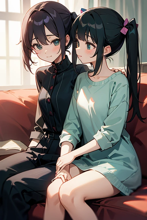 (NSFW), Detailed, An absurd solution, High resolution (masterpiece: 1.4), Extremely detailed, (((Detailed face, Detailed Expression)), Two Girls, Girl and Girl, Best friends, Sisters, Co-workers, Catching up, Ponytail, Short bob, Sitting on the bed, Sharing a moment, The background is in a cozy room, Friendly atmosphere, Relatives and friends gathering, Home, 1k, Small room, Curtains drawn, Bed, TV set, Vintage machine, Sweets scattered around, Talking about their travel plans with a friend, Adventurous, Smiling, Loungewear, Kyoto Animation-