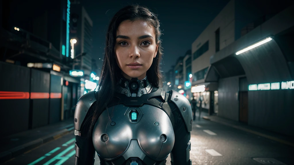 ((Melhor qualidade)), ((obra de arte)), (detalhado), rosto perfeito, Imagine futuristic concept art of a female cyberpunk bionic android with advanced nanotechnology that allows her to merge with the very fabric of the cyberpunk cityscape, their presence becoming an integral part of the neon-lit metropolis. Use um elegante, design futurista para capturar a natureza evolutiva da tecnologia e da humanidade