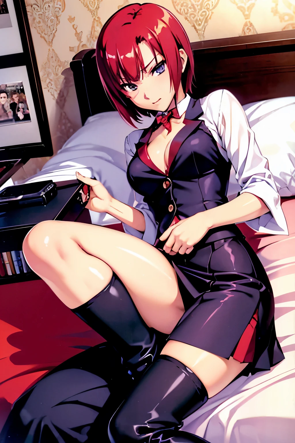 Rio, Super Blackjack、red hair、short hair、((Bartender's clothes))、((thigh high sockini skirt、Photo from below、medium chest、Bedroom、Rio・デ・カーニバル、boots、