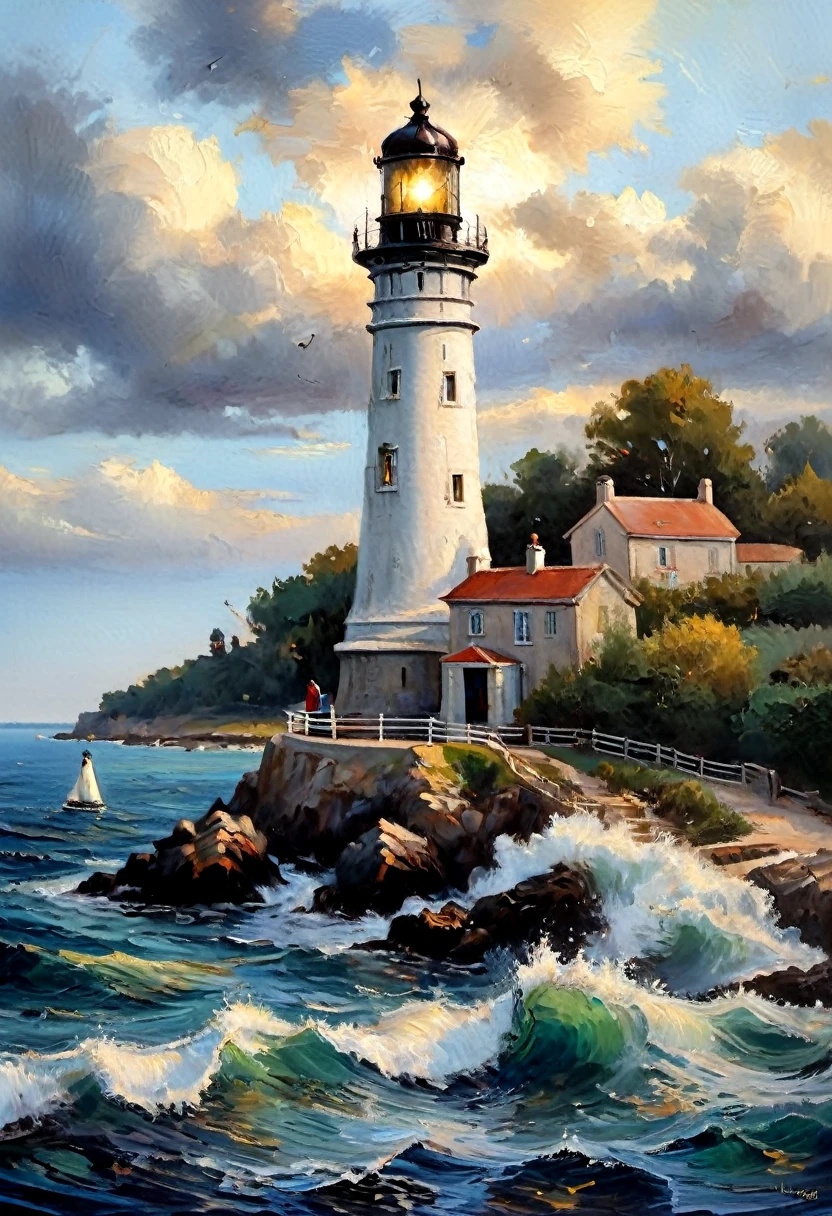 phare vu de la mer,phare vu du bateau,peinture de paysage,border between day and night,lighthouse light,security feeling,le rendu,paintings painted by masters,chef-d&#39;artwork,oil painting&#39;huile,Fine details,intricate details