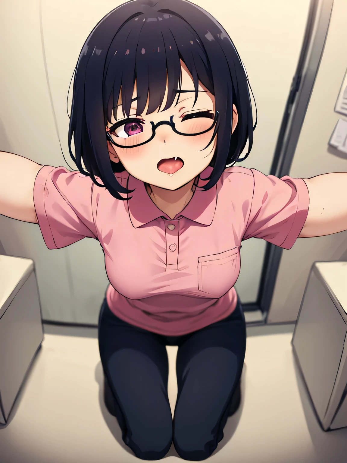 Front: Kneel, place hands on knees, arms down, eyes closed、Open your mouth wide and stick out your tongue、 A mature woman wearing a magenta polo shirt, black pants, and glasses., The exact number of fingers、 Exact number of legs、Exact number of arms、, short hair black hair, (blush:1), cum in mouth, small breasts,highest quality, High resolution,highly detailed face, (perfect hands, perfect anatomy),Hospital Examination room Mouth fluids Waiting Dynamic angle From above Cum on face