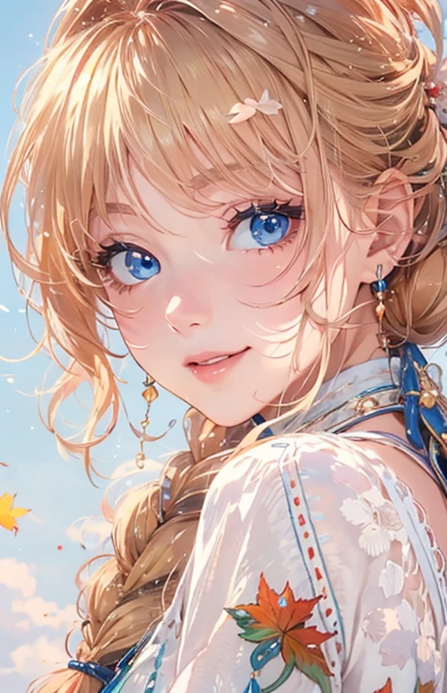 masterpiece、highest quality、High resolution、high quality images、8K, 1 female、skin luster、Texture of skin and clothing、Expression of fine eyes、Shiny bright golden hair,Girl with braids, Manga inspired by Lee Jong-suk, trending on deviantart, realism, Detailed manga style, Manga art style, Perfect Line Drawing, beautiful line drawing, digital manga art girl, K-POPアイドル, beautiful blue eyes, plump lips, Detailed gorgeous face, (cute smile), charm, innocent, Side view, (perfectly detailed face), (fine hands) photorealistic images, Depth of written boundary, Princess hairstyle, Bangs are parted , Corolla on the head , Loose, lightweight knitwear、Shoulder knitwear , show your shoulders , I can see the cleavage , autumn leaves , autumn leaves ,美しいautumn leaves,romanticism,