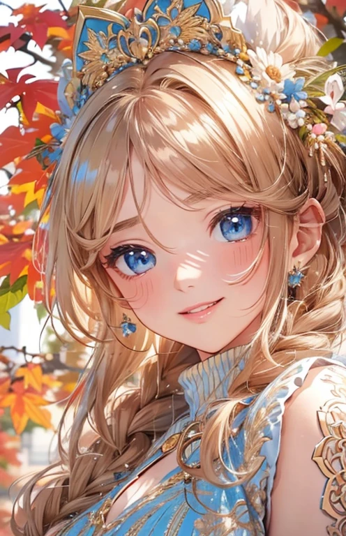 masterpiece、highest quality、High resolution、high quality images、8K, 1 female、skin luster、Texture of skin and clothing、Expression of fine eyes、Shiny bright golden hair,Girl with braids, Manga inspired by Lee Jong-suk, trending on deviantart, realism, Detailed manga style, Manga art style, Perfect Line Drawing, beautiful line drawing, digital manga art girl, K-POPアイドル, beautiful blue eyes, plump lips, Detailed gorgeous face, (cute smile), charm, innocent, Side view, (perfectly detailed face), (fine hands) photorealistic images, Depth of written boundary, Princess hairstyle, Bangs are parted , Corolla on the head , Loose, lightweight knitwear、Shoulder knitwear , show your shoulders , I can see the cleavage , autumn leaves , autumn leaves ,美しいautumn leaves,romanticism,