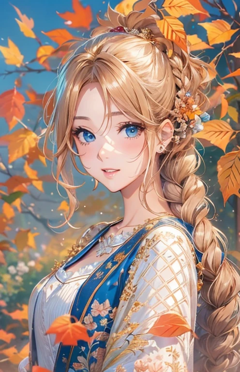 masterpiece、highest quality、High resolution、high quality images、8K, 1 female、skin luster、Texture of skin and clothing、Expression of fine eyes、Shiny bright golden hair,Girl with braids, Manga inspired by Lee Jong-suk, trending on deviantart, realism, Detailed manga style, Manga art style, Perfect Line Drawing, beautiful line drawing, digital manga art girl, K-POPアイドル, beautiful blue eyes, plump lips, Detailed gorgeous face, (cute smile), charm, innocent, Side view, (perfectly detailed face), (fine hands) photorealistic images, Depth of written boundary, Princess hairstyle, Bangs are parted , Corolla on the head , Loose, lightweight knitwear、Shoulder knitwear , show your shoulders , I can see the cleavage , autumn leaves , autumn leaves ,美しいautumn leaves,romanticism,