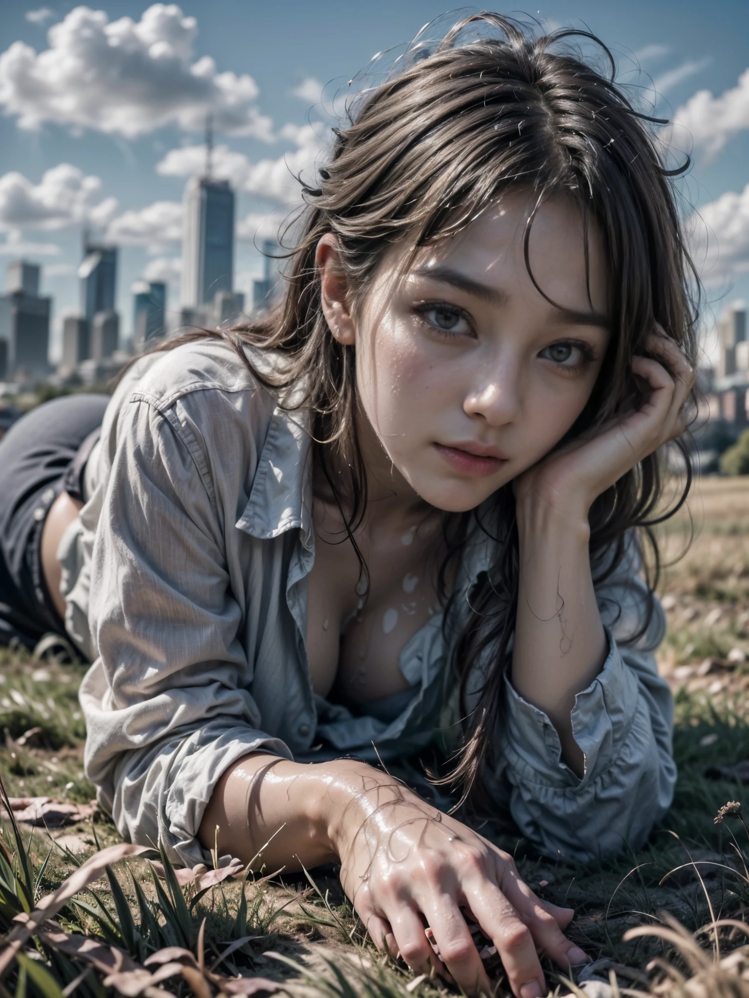 (best quality,4k,8k,highres,masterpiece:1.2),ultra-detailed,(realistic,photorealistic,photo-realistic:1.4), profesional photograph, natural light, portraits, a beautiful young japanese girl, 17 years old, (wet button shirt:1.3), exposed her breast, seductive look, soft glow, elegant beauty, perfect face with soft skinice, detailed blue grey eyes, sexy pose, delicate skin texture, flowing messy hair, lustly expression, sexy posture, collarbone, naturally droopy breast, (lying back:1.2) with (spread-legged, bare foot, knees up), (grass field with skyline:1.3), subtle shadows, daylight and clouds background, shallow depth of field, foggy and greeney atmosphere, fine art photography, close up, (seen from below:1.3, low angle:1.3), facing forward, photon mapping, 