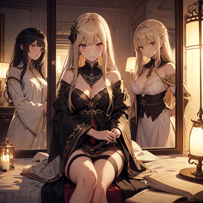 A group of priestesses, (in bedroom), various hair styles, harem, night, details face, seducing
