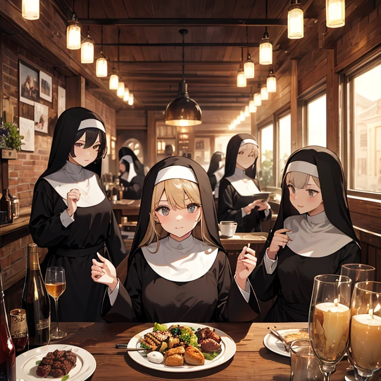 A group of nuns, (in tavern), various hair styles, harem, night, details face, seducing,