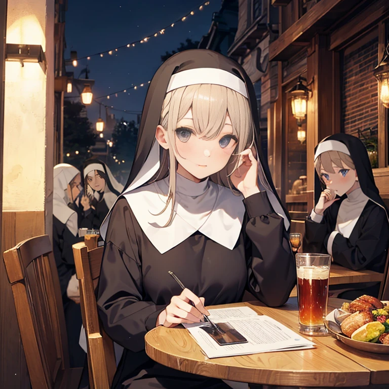 A group of nuns, (in tavern), various hair styles, harem, night, details face, seducing,