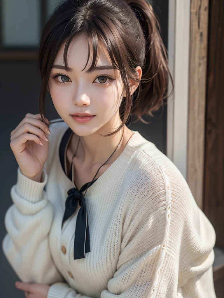 (closed:1.3),((Highest image quality, 8K,32K,Masterpiece,masterpiece: 1.2),Raw photo,(real:1.4)),_Breaking(1Girl:1.2),professional lighting,24-years-old、Beauty, beautiful, Golden Ratio Face,fine skin,beautiful肌,,double,beautiful目,delicate eyes、(smile,Happy:1.3),(Gradient brown hair,shiny hair,short hair, ponytail:1.2),light makeup,nice collarbone,(Meaty legs:1.2),(big ass:1.2),(dynamic pose, cowboy shot: 1.3),White loose t-shirt,Light blue cardigan,face focus
