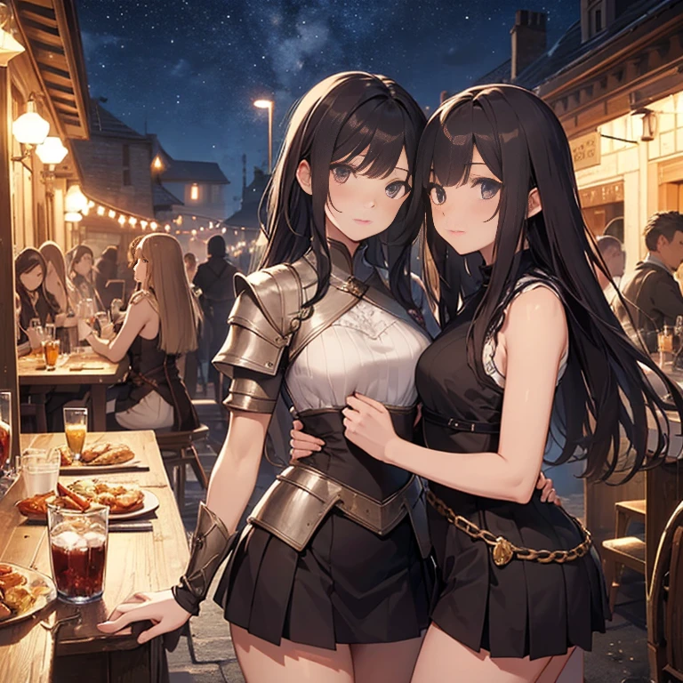 A group of female medieval fantasy adventurers, (in tavern), various hair styles, harem, night, details face, short skirt, seducing, sleeveless, armor