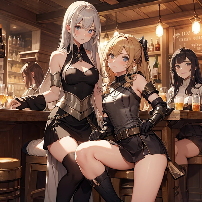 A group of  female medieval fantasy adventurers, (in tavern), various hair styles, harem, night, details face, short skirt, seducing, sleeveless, armor 