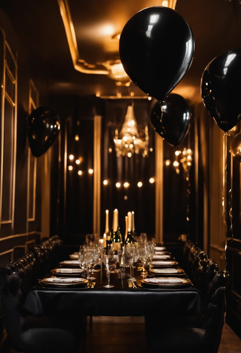 Create a party room where a birthday party for an adult is held, with silver, gold and black lights and balloons, a bottle of champagne on the table, and a bottle of wine.