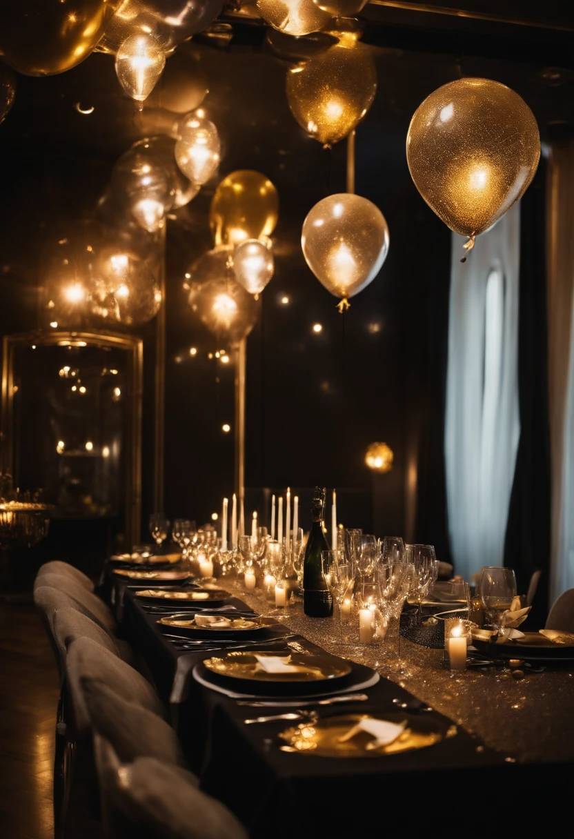 Create a party room where a birthday party for an adult is held, with silver, gold and black lights and balloons, a bottle of champagne on the table, and a bottle of wine.