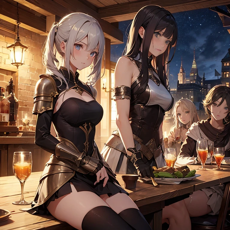 A group of female medieval fantasy adventurers, (in tavern), various hair styles, harem, night, details face, short skirt, seducing, sleeveless, armor