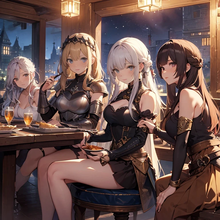 A group of female medieval fantasy adventurers, (in tavern), various hair styles, harem, night, details face, short skirt, seducing, sleeveless, armor