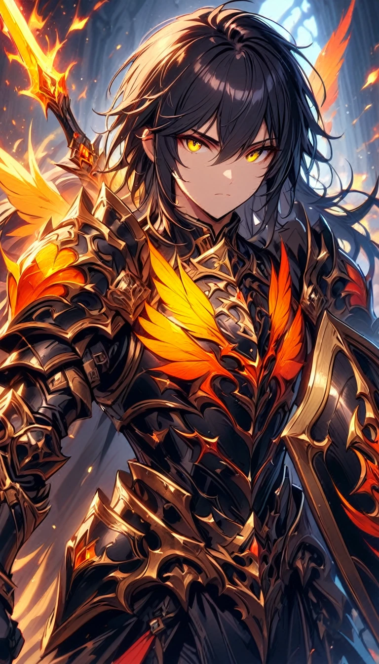 masterpiece, best quality, 1man, adult, male focus, solo, medium black hair, vibrant yellow eyes, gloves, hair between eyes, looking at viewer, cape, High quality metal texture, semi metal armor, closed mouth, black metallic gloves, upper body, bangs, high collar,(kbxll:0.6), Fantasy aesthetics, Highly detailed, shadowverse character concept, shadowverse style, Sword and shield, Full-Boddy, hair in the wind