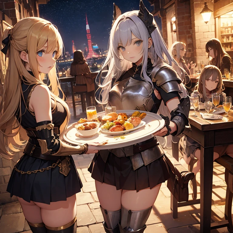 ((highest quality)), ((masterpiece)), (be familiar with), (High definition), 8K, Perfect Face、2Women、Two blonde women with cat ears、((The two are sitting on chairs and eating grilled fish skewers.))、(Fish on a skewer:1.1), ((未来的なFood Stall Street))、(Resting after the fight)、(smile:1.1)、tall、2 Blonde cat ears、2. Long Hair、2. Volumetric hair style、Large Breasts、Narrow waist、Big Ass、glamorous、Alluring、Bikini Protector、Armor、combat suit、Combat Boots、Cinematic、Best Shadow、Side lighting、NEO TOKYO、(Bustling night market)、Food Stall Street、Bust Shot、Close-up of face