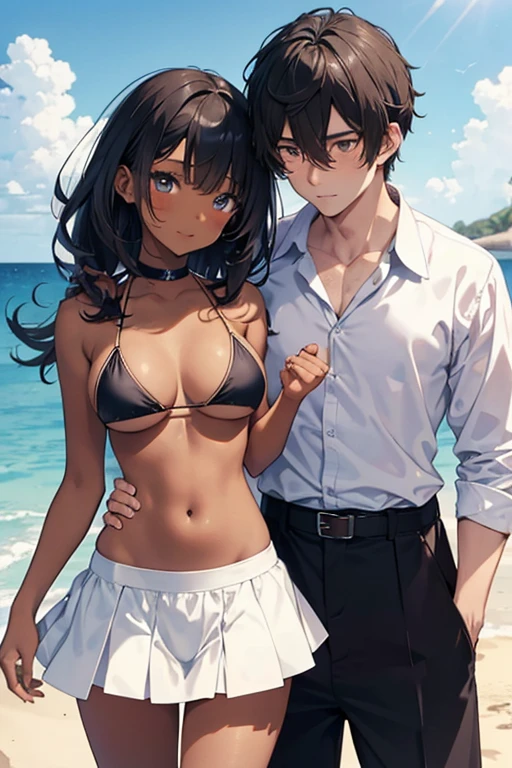anime style depiction of a dark tan skinned girl clad in a bikini top and skirt, snuggled closely with a white handsome boy wearing a shirt