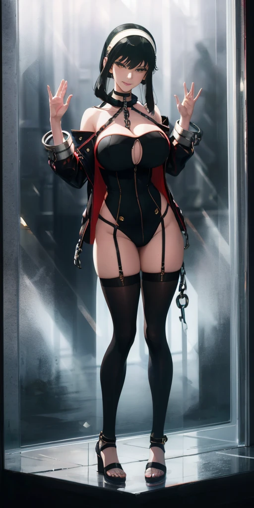 dark fantasy anime illustration of a (mature MILF BIMBO albino skin and short white hair), (FULL BODY) perfect face, wearing tight leather stealth armor, stalking, BIG KNOCKERS CLEAVAGE, lustful smirking smile red blush red cheeks, chain leash, kneeling, shackles, leather black collar slave, ((BLACK background)) hands on glass WITH KNOCKERS on glass, glass window fog water drop, 5 fingers each hand, metal handcuffs, black choker collar, thighhighs, long legs, metal ankle, metal sandals, metal shoulders, standing straight symmetrical against glass