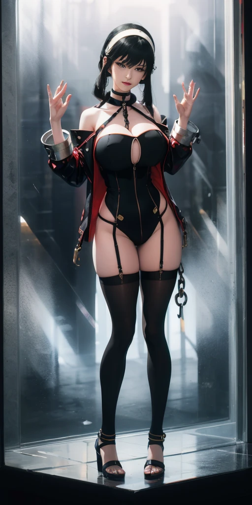 dark fantasy anime illustration of a (mature MILF BIMBO albino skin and short white hair), (FULL BODY) perfect face, wearing tight leather stealth armor, stalking, BIG KNOCKERS CLEAVAGE, lustful smirking smile red blush red cheeks, chain leash, kneeling, shackles, leather black collar slave, ((BLACK background)) hands on glass WITH KNOCKERS on glass, glass window fog water drop, 5 fingers each hand, metal handcuffs, black choker collar, thighhighs, long legs, metal ankle, metal sandals, metal shoulders, standing straight symmetrical against glass