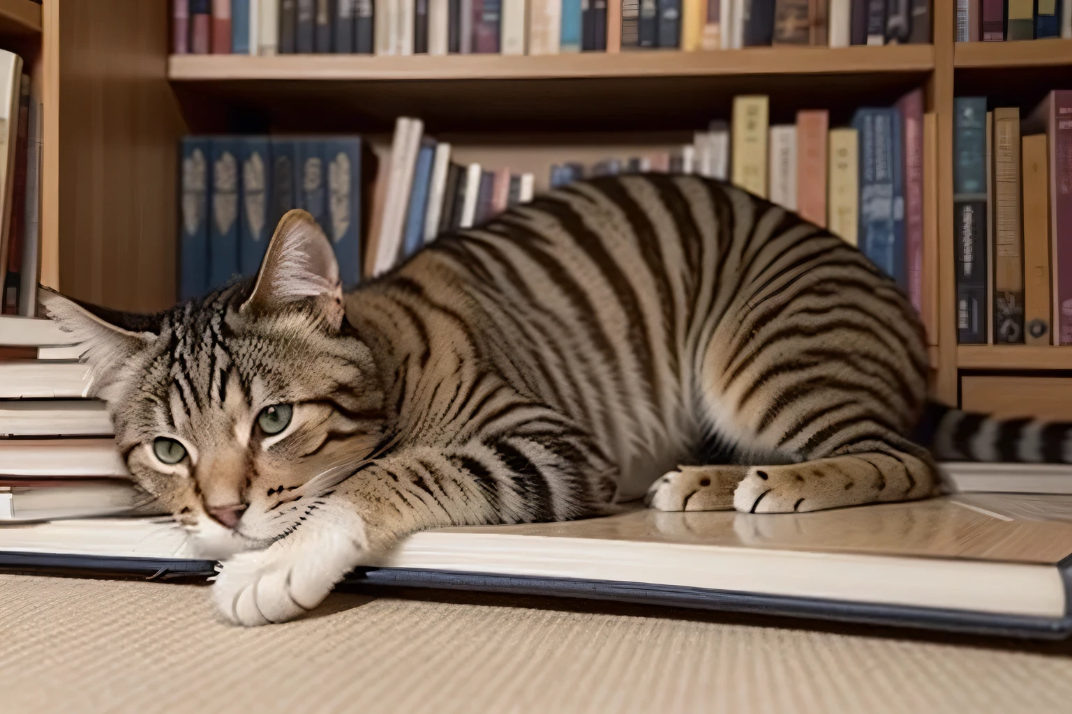 a close up of a cat laying on a book shelf with books, there is a book next to the cat, magic library, filled with books, books all over the place, lisa parker, 240p, books cave, intense knowledge, bookshelf, curled up on a book, book shelf small library, cat masterpiece, book shelf, intellectual cat, loot of books