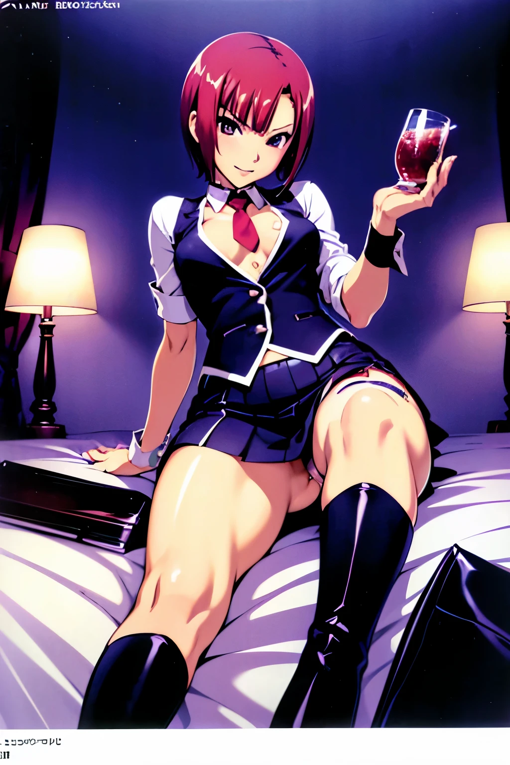 Rio, Super Blackjack、red hair、short hair、((Bartender's clothes))、((thigh high sockini skirt、Photo from below、medium chest、Bedroom、Rio・デ・カーニバル、boots、
