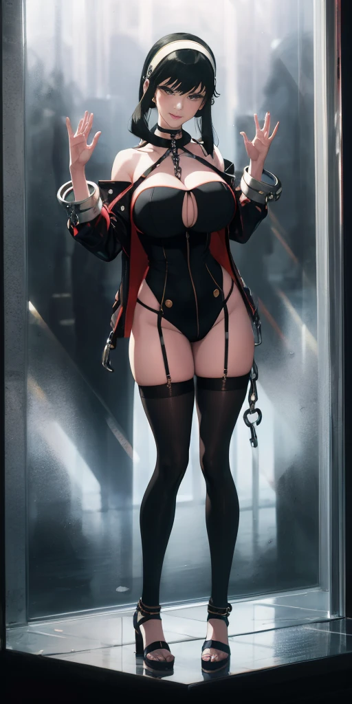 dark fantasy anime illustration of a (mature MILF BIMBO albino skin and short white hair), (FULL BODY) perfect face, wearing tight leather stealth armor, stalking, BIG KNOCKERS CLEAVAGE, lustful smirking smile red blush red cheeks, chain leash, kneeling, shackles, leather black collar slave, ((BLACK background)) hands on glass WITH KNOCKERS on glass, glass window fog water drop, 5 fingers each hand, metal handcuffs, black choker collar, thighhighs, long legs, metal ankle, metal sandals, metal shoulders, standing straight symmetrical against glass