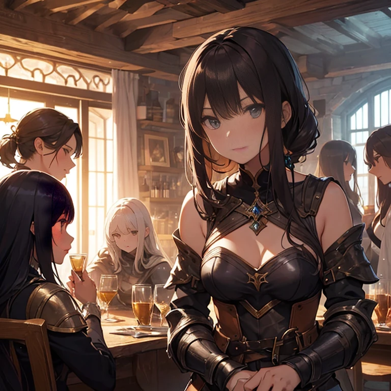 A group of female medieval fantasy adventurers, (in tavern), various hair styles, harem, night, details face, seducing, sleeveless, armor