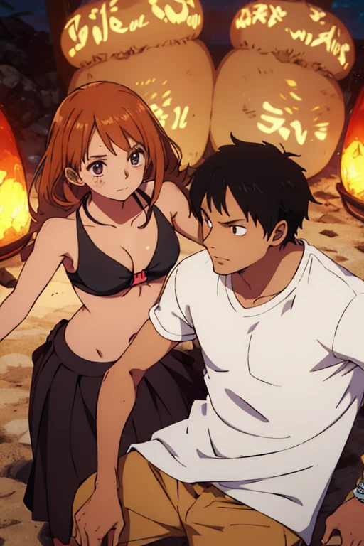 anime style depiction of a dark tan skinned girl clad in a bikini top and skirt, snuggled closely with a white handsome boy wearing a shirt