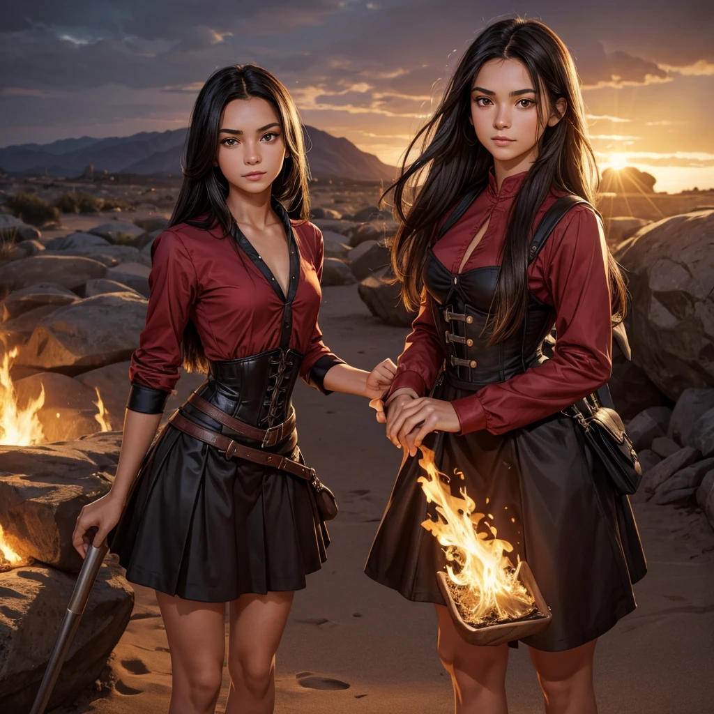 a 17-year-old girl, good person, tan with olive skin, long black straight hair, red eyes, kind, black and red princess dress, long sleeve, fully dressed, shirt on, small , no muscles, pretty, sand manipulation, kind, generous, caring, nice, corset, satchel, riding a fire dragon