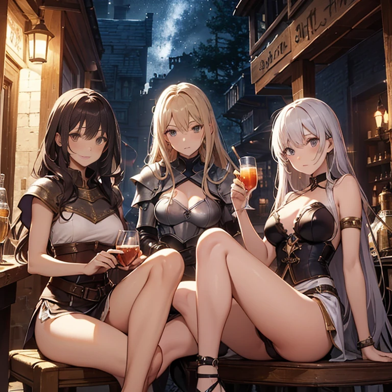 A group of  female medieval fantasy adventurers, (in tavern), various hair styles, harem, night, details face, seducing, sleeveless, armor, beautiful legs 