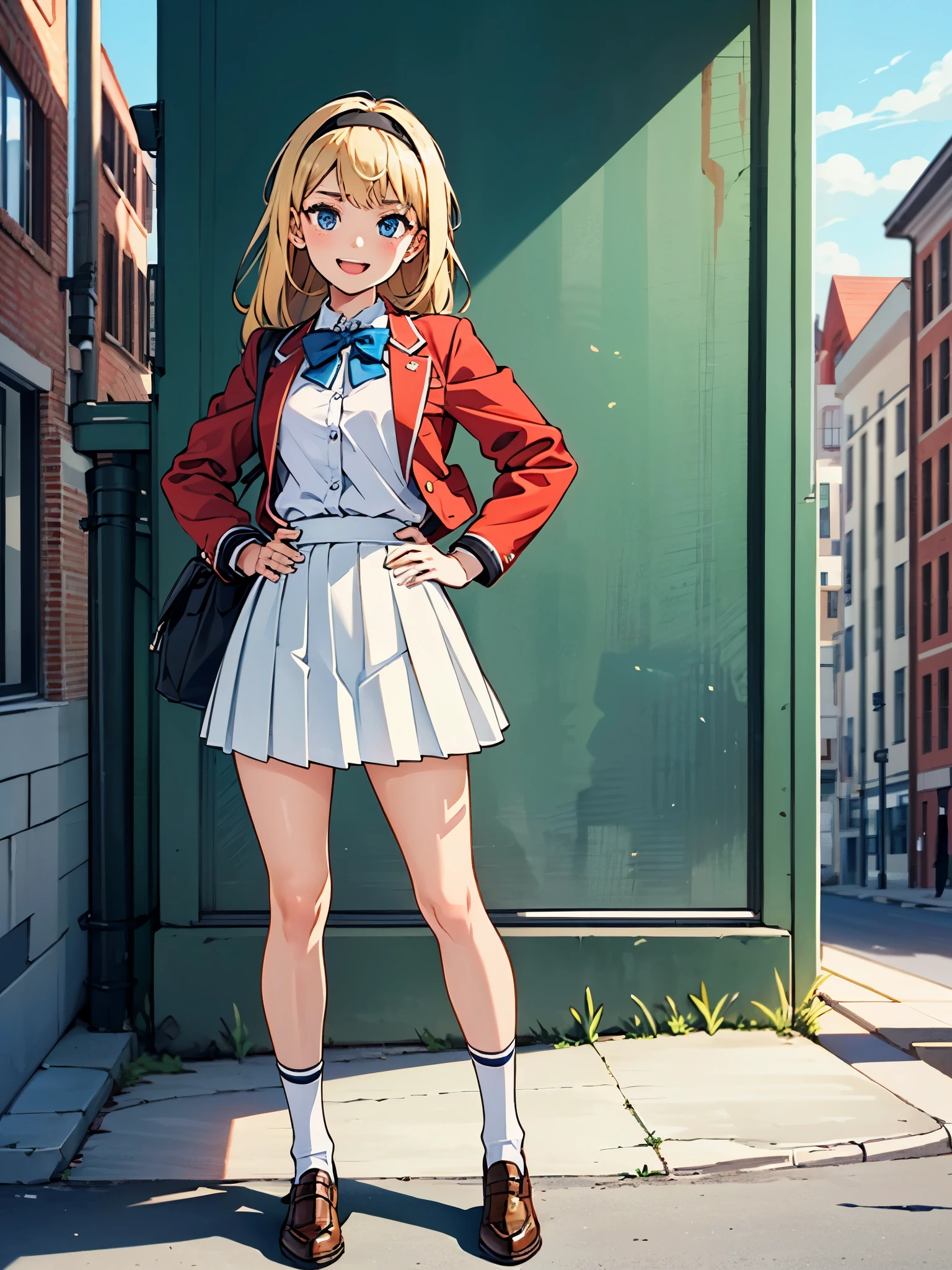 masterpiece, best quality, 1girl, high school girl, (bangs, blonde hair, armpit-length hair), ((black headband)), blue eyes, beautiful detailed eyes, beautiful detailed face, cute face, perfect hands, complete fingers, perfect anatomy, perfect proportions, (bow, bowtie. blue bowtie), full body, hand on hip, hands on hips, (red jacket), looking at viewer, (skirt, white skirt, pleated skirt, miniskirt) shirt, white shirt, socks, white socks, brown shoes, solo, standing, school building backdrop, daytime, smile, :d, solo focus, cowboy shot