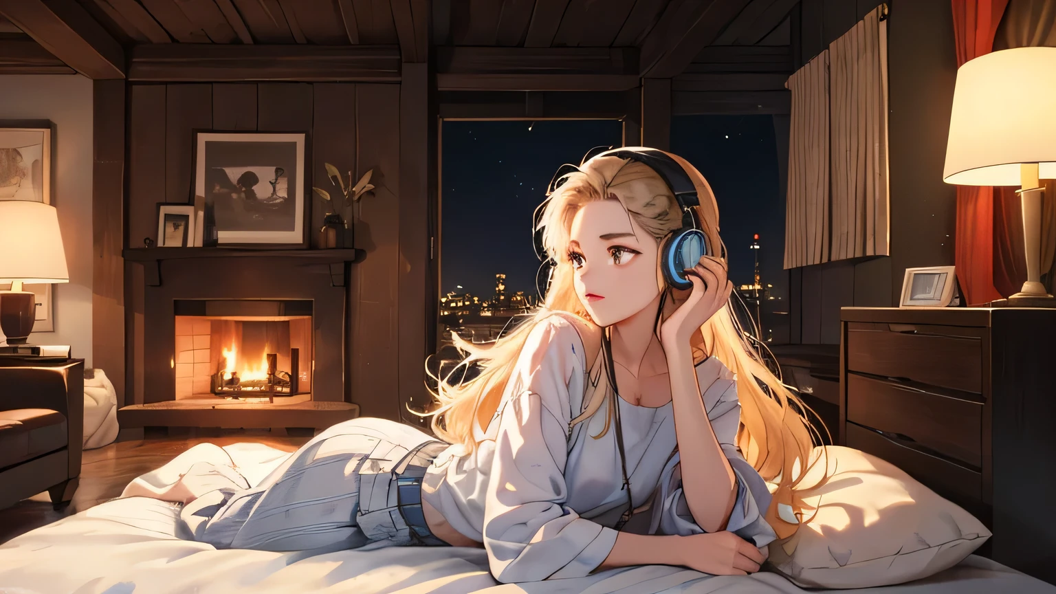 Pretty Woman, perfect face, Girl listening to music in cozy room at night, Please use headphones, animation style high definition, Fireplace,. lo-fi, HD, Dark surroundings, retro style fashion, retro, warm, Far away, far away, Distant distances, look to the side, profile, whole body, lo-fi, 90s, retro fashion, 80s fashion, 2D animation style, fancy, dyed long hair, hard disk, 90s animation style, Fujifilm, mood, ghibli wallpaper,