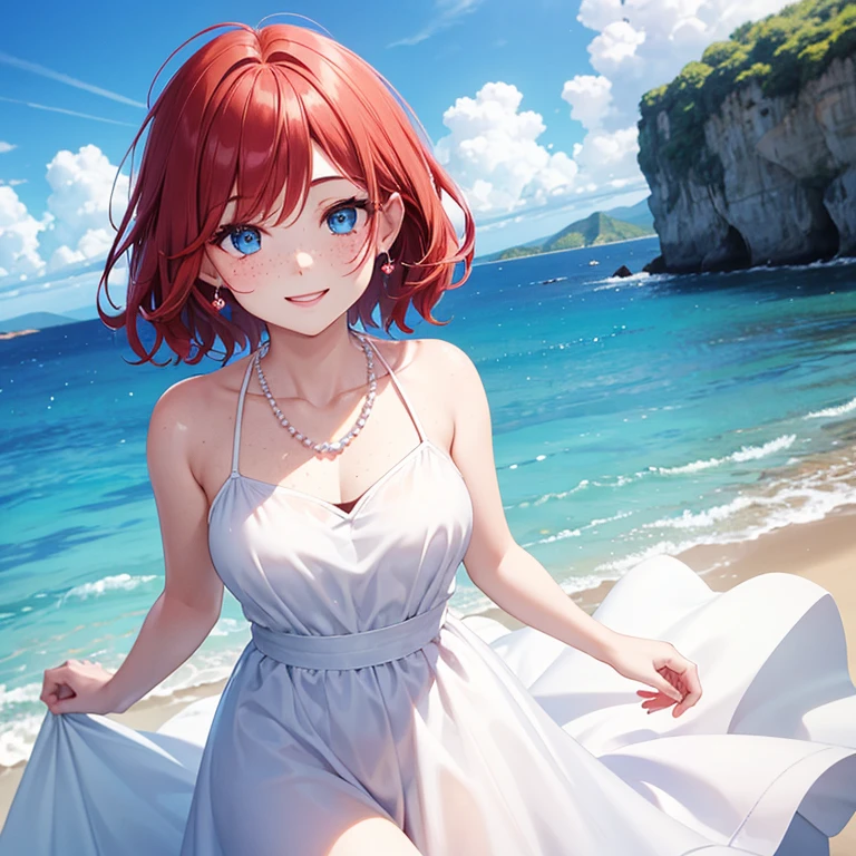 Woman, reddish, wavy and a little short hair, some freckles on face, white skin, blue eyes, with a sky blue casual dress, looking towards viewer, smiling, pearl necklace with a heart in the middle, with a wedding ring. camera point of view