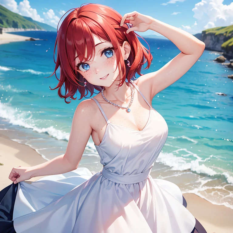 Woman, reddish, wavy and a little short hair, some freckles on face, white skin, blue eyes, with a sky blue casual dress, looking towards viewer, smiling, pearl necklace with a heart in the middle, with a wedding ring. camera point of view