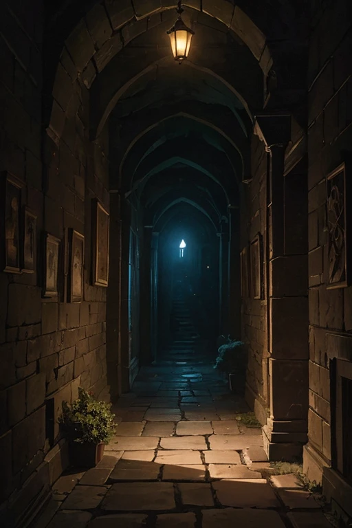 old secret passage in the castle, dimly lit by magical wisps, cobwebs