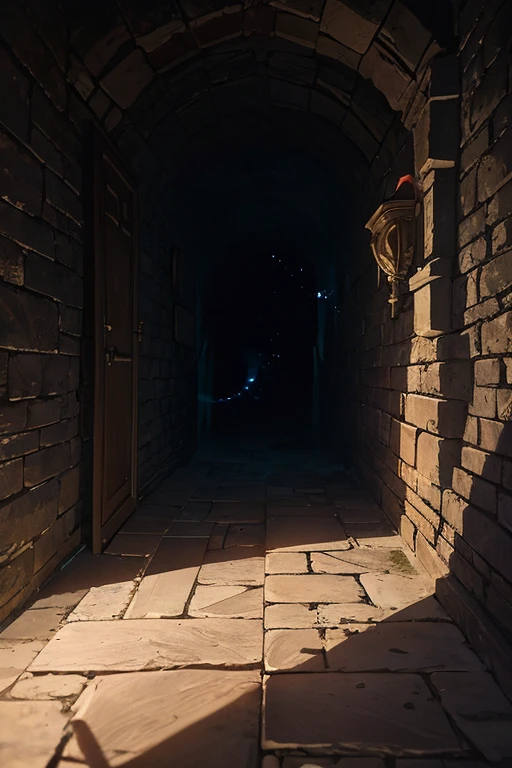 old secret passage in the castle, dimly lit by magical wisps, cobwebs