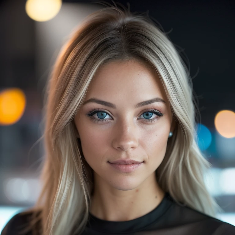 (Foto autofoto, desde arriba:1.4), (postrait medio cuerpo:1.4), RAW UHD portrait photo of a 24 year old blonde (Mujer de ojos azules) walking down a dark alley, pecho natural, Antecedentes nocturnos de la ciudad, (Vestido de sol azul), (escote), Detallado (texturas!, cabello!, brillar, Color!!, Imperfecciones:1.1), Ojos brillantes altamente detallados, (mirando a la camara), specular lighting, DSLR, calidad ultra, sharp focus, Tachuela afilada, DOF, film grain, (centrado), Fujifilm XT3, Cristalina, Centro del marco, hermoso rostro, sharp focus, farola, neon lights, bokeh, (poca luz), discreto, Por la noche, (cielo nocturno)  poros detallados de la piel, piel grasa, tan, Detalles intrincados de los ojos
