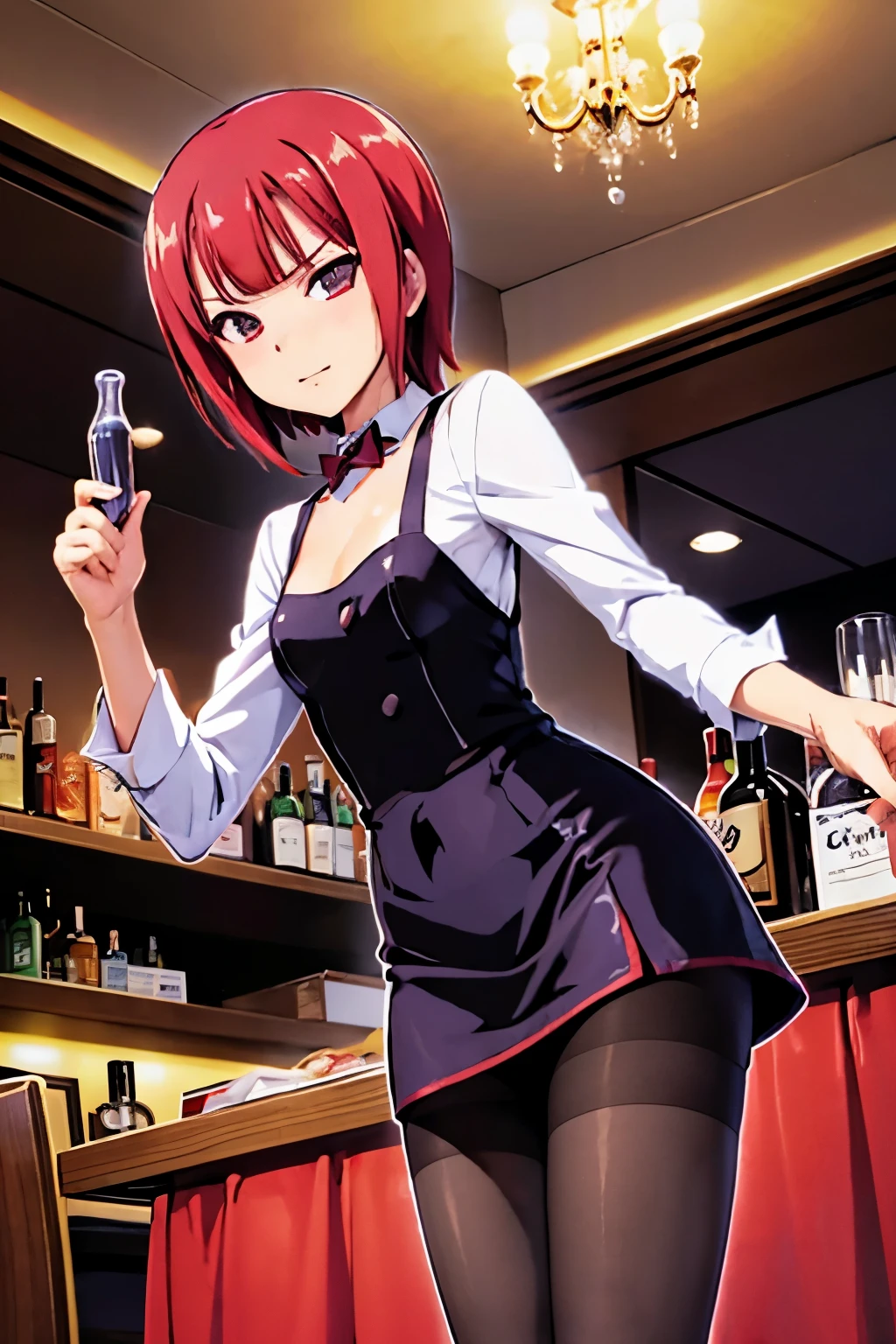 Rio, Super Blackjack、red hair、short hair、((Bartender's clothes))、((pantyhose))、mini skirt、Photo from below、medium chest、Bedroom、Rio・デ・カーニバル、