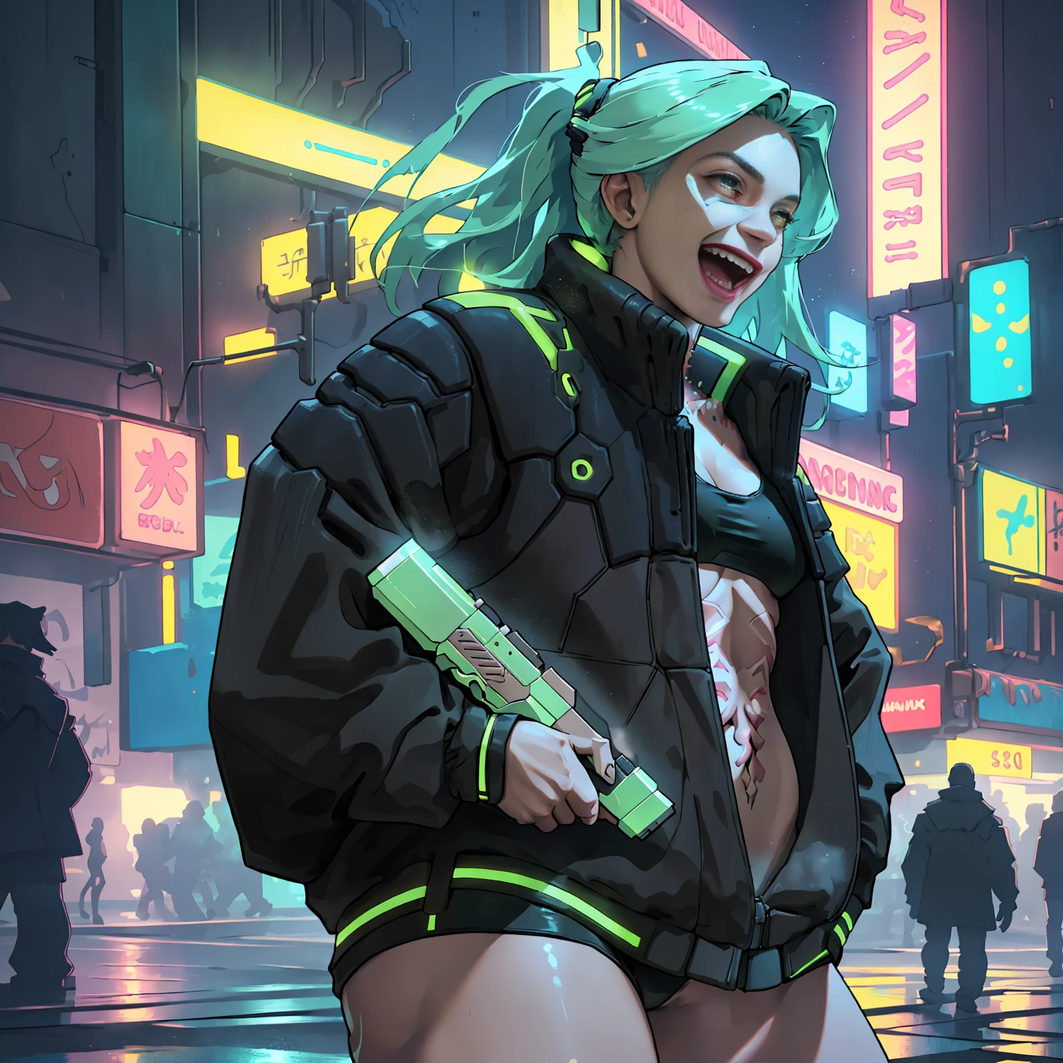 (cinematic, 8k, best quality, masterpiece: 1.2), (realistic, photo-realistic: 1.37), ultra-detailed, soft light, best quality, ultra highres, raw photo in HDR, sharp focus, intricate texture, skin imperfections, 1 girl, cute, solo, raw photo, Rebecca a robotic girl with green hair, laughing, pink tattoo on her neck and belly, wearing a black jacket with yellow details, holding a pistol in hand, 19yo, ((1girl:1.5)), camel fingers, slim body, warm body, shiny skin, realistic textures, reflected lighting, volumetric lighting. Background a cyberpunk city at night, neon lighting.