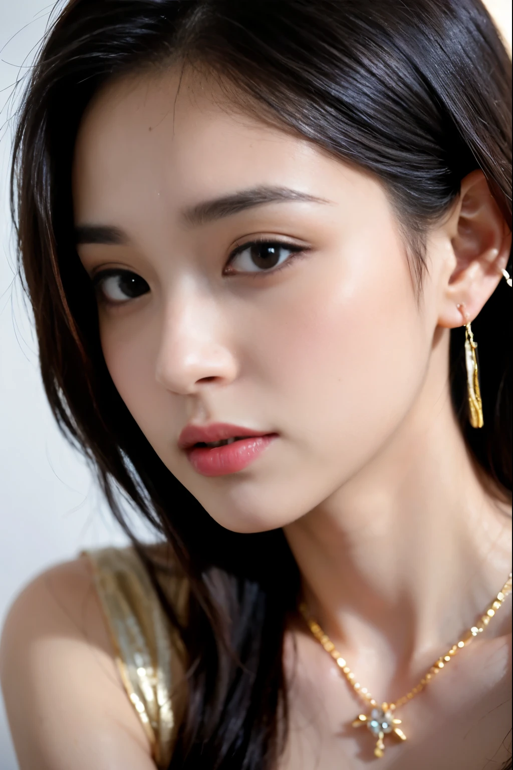 (masterpiece:1.3), (8 thousand, realistic, RAW photos, best quality: 1.4), (1 woman),(very sexy), (Beautiful makeover), (유난히 아름다운 realistic 얼굴), (Build a beautiful body) , (beautiful face), (beautiful face), (long eyelashes), (double eyelid), (realistic face), (black hair. parted, long hair:1.3), (아름다운 parted스타일), (realistic eyes), (really beautiful and delicate eyes), (realistic skin), (beautiful skin), (absurd), (attractive), (ultra high resolution), (extremely realistic), (very detailed), (golden ratio), (necklace), (earring), (So beautiful and sexy)