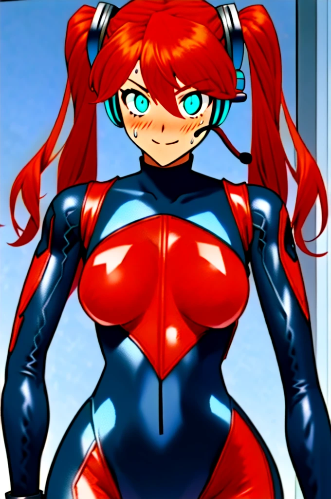 Twintail, red haired, 1girl, grey eyes, well toned, well built, muscled, toned muscles, blushing, sweating, smiling, ((interface headset, red bodysuit:1.4)), (glowing eyes:1.233),(beautiful and detailed eyes:1.1)