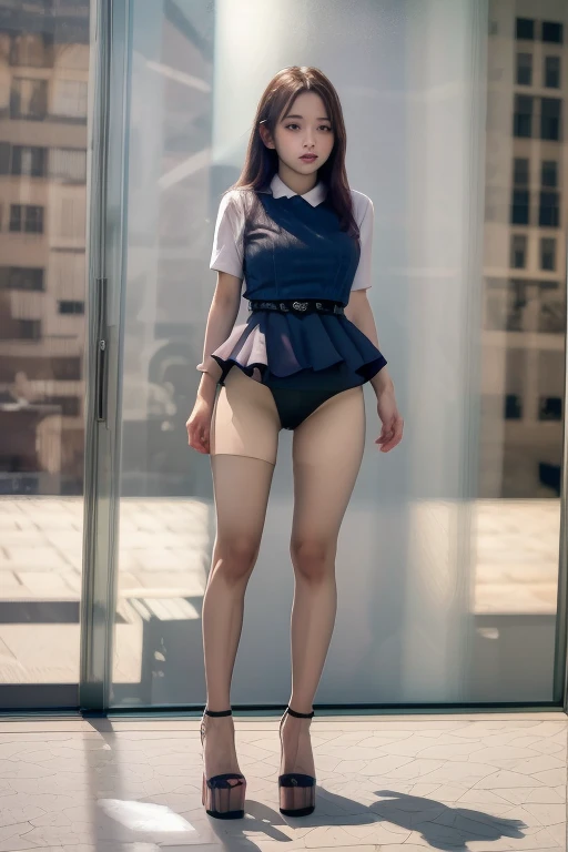 best quality , matured woman face , squatting , blouse , denim skirt, japanese , microskirt, front view from below, detailed panties