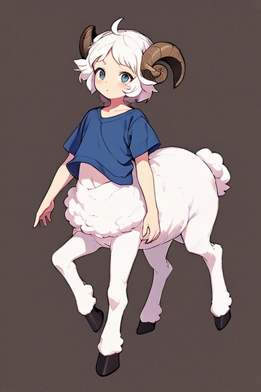 Sheep Woman、2 Men Arms、4 legs of lamb、quadrupedal walking、delicate、delicate face、Lamb&#39;s ear、Curved Ram Horn、White hair and sheep&#39;s wool、flat chest、T-shirt、(exposure of the abdomen)、Super high quality