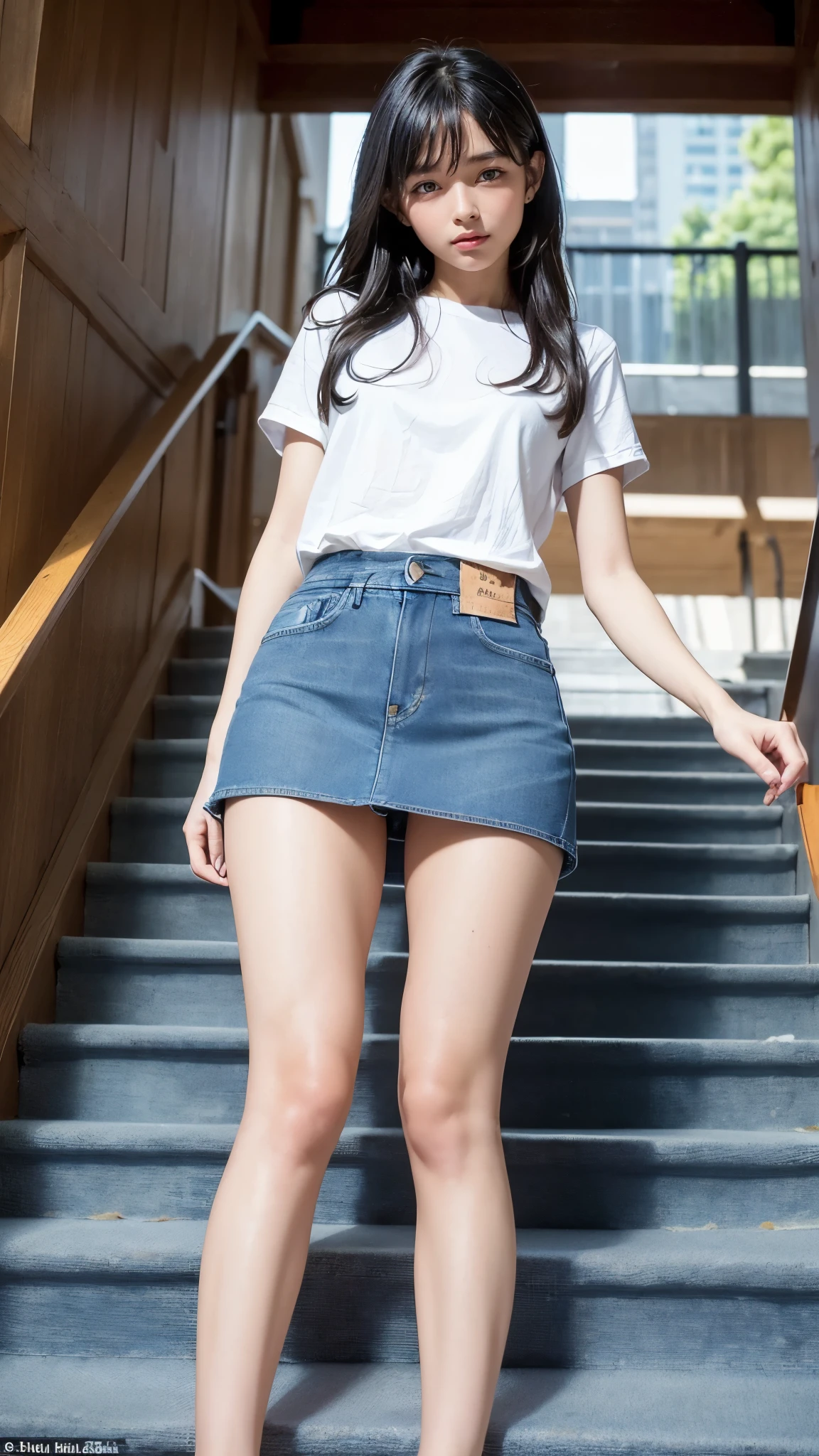 ((backwards:1.8, turn your butt towards the camera:1.8, Climbing the stairs in the city:1.8, perspective from below:1.5)), ((denim mini skirt:1.8)), (panty shot:1.5), 1 girl, solo, 18-year-old, 7 head and body, ideal ratio body proportions, black hair, With bangs, small breasts, slender, small butt, beautiful feet, skinny legs, Surrealism, cinematic lighting, Depth of the bounds written, first person perspective, Breasts F/1.8, 135mm, ticker, muste piece, curate, ((anatomically correct:1.3)), textured skin, super detail, high details, high quality, Award history, best quality, High resolution, 8K
