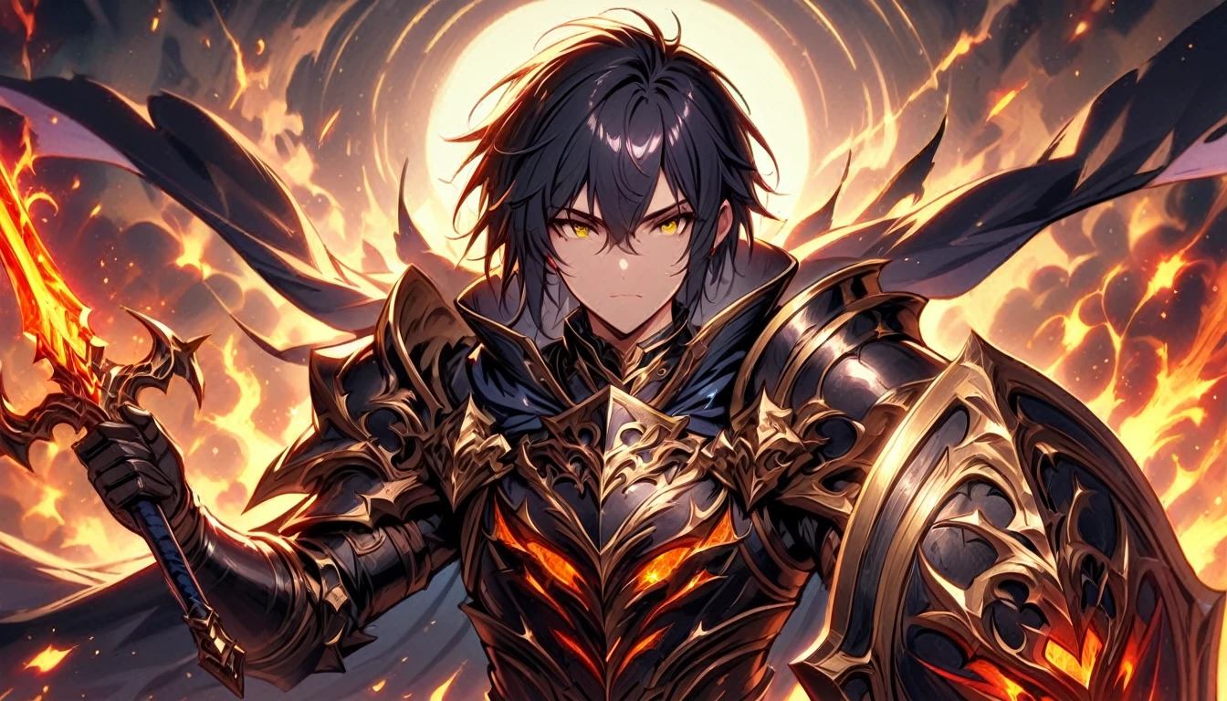 masterpiece, best quality, 1man, adult, male focus, solo, black hair, vibrant yellow eyes, gloves, hair between eyes, looking at viewer, cape, High quality metal texture, semi metal armor, closed mouth, black metallic gloves, upper body, bangs, high collar,(kbxll:0.6), Fantasy aesthetics, Highly detailed, shadowverse character concept, shadowverse style, Sword and shield, Full-Boddy, hair in the wind