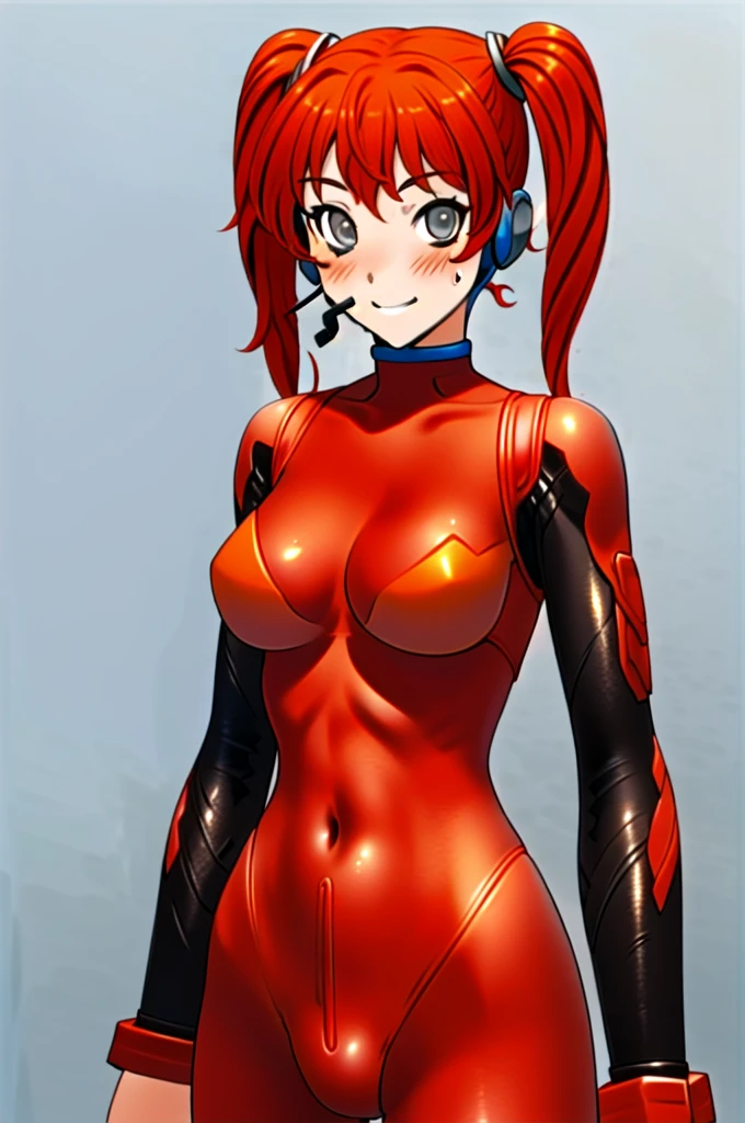 Twintail, red haired, 1girl, (grey eyes:1.5), well toned, well built, muscled, toned muscles, blushing, sweating, smiling, ((interface headset, red bodysuit:1.4)), (beautiful and detailed eyes:1.1), unziped from neck to navel, exposed breasts