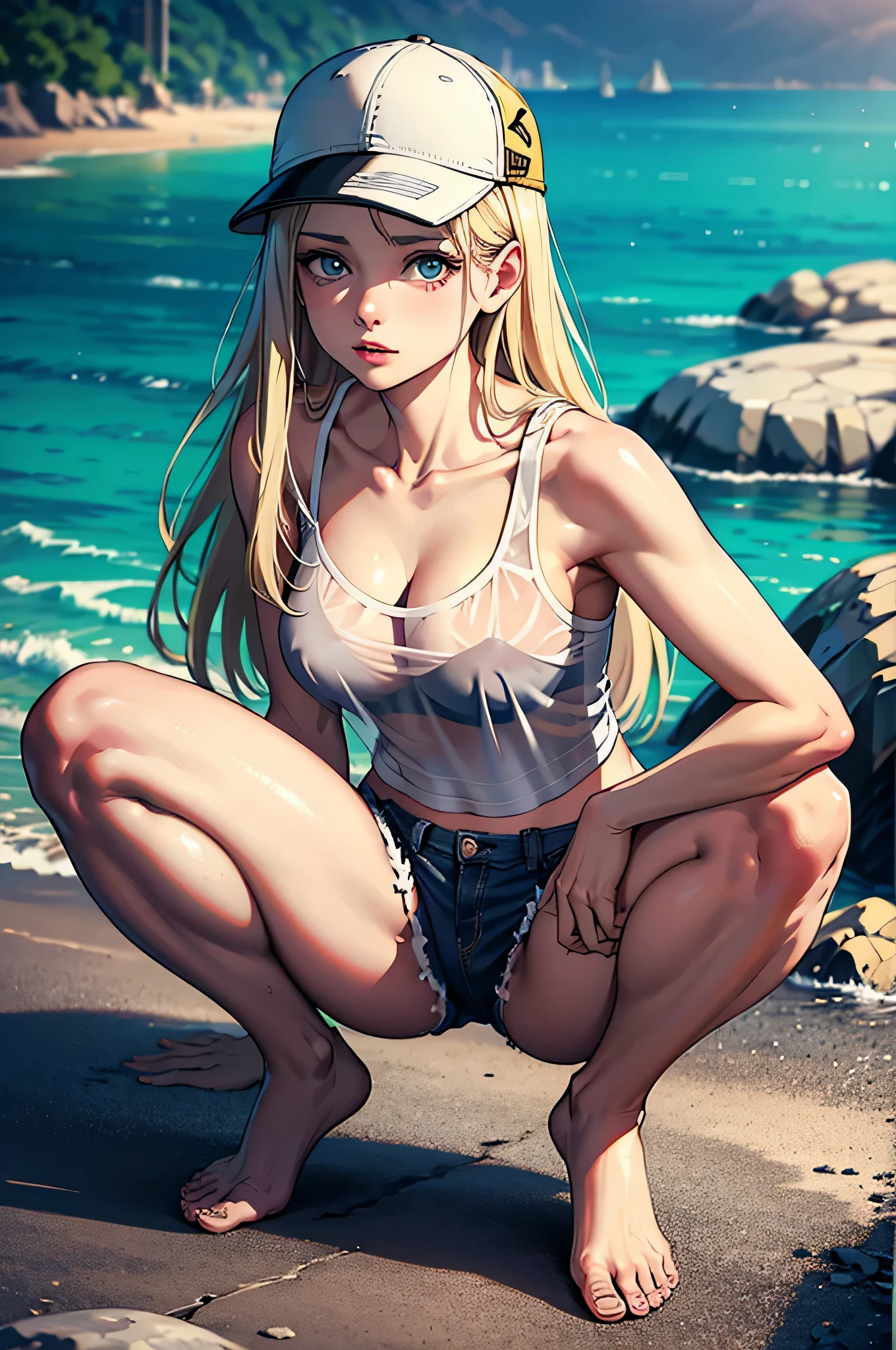 (masterpiece:1.2, highest quality), (realistic, photorealistic:1.4), beautiful illustrations, (natural side lighting, movie lighting), Depth of written boundary, looking at the viewer, (face focus, Upper body), Front view, 20 years old, perfect face, Cute symmetrical face, shiny skin, long eyelashes chest, thin, beautiful hair, beautiful face, fine and beautiful eyes, beautiful clavicle, beautiful body, beautiful breasts, beautiful thighs, beautiful feet, beautiful fingers, 1girl, solo, blond long hair, beach, white shirt, tank top, see-through shirt, short shorts, backwards baseball cap, squatting, spread legs. happy, looking at viewer,