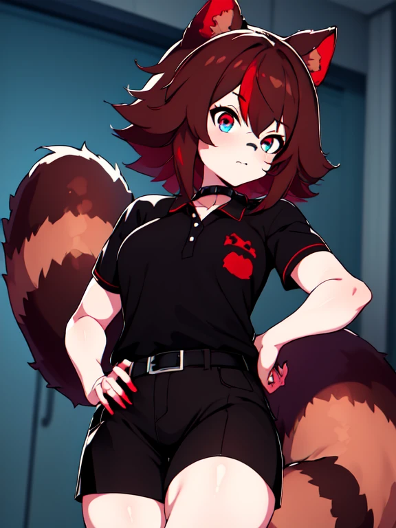 Masterpiece, intricate, anime style, full body, 1girl, rakkun, tanuki ears, red inner ears, red inner ear hair, 1tail, fluffy tail, racoon tail, brown and light brown ringed tail, beautiful eyes, detailed eyes, red and blue eyes blurred, short hair, red inner hair, brown hair, a strand of hair on the left side, red hair strips, short black shirt uncovered on the shoulders and with a black mesh with black borders up to the collar, polo shirt, short black skitr whit dark red checkered, black belt around the waist, looking at viewer, detailed face, best quality, 4k,highres, professional art, professional drawing, professional lineart, outlined markers