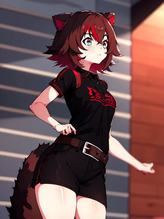 Masterpiece, intricate, anime style, full body, 1girl, rakkun, tanuki ears, red inner ears, red inner ear hair, 1tail, fluffy tail, racoon tail, brown and light brown ringed tail, beautiful eyes, detailed eyes, red and blue eyes blurred, short hair, red inner hair, brown hair, a strand of hair on the left side, red hair strips, short black shirt uncovered on the shoulders and with a black mesh with black borders up to the collar, polo shirt, short black skitr whit dark red checkered, black belt around the waist, looking at viewer, detailed face, best quality, 4k,highres, professional art, professional drawing, professional lineart, outlined markers